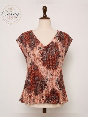 Cato XL Pleated Top V-Neck Paisley Print Cap Sleeve Stretch Blouse Rust Brown